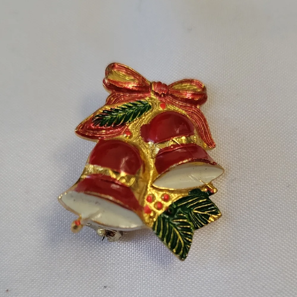 Vintage Enamel Festive Bell Brooch with Red and Gold Accents